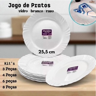 Kit Jogo Pratos Rasos Duralex Grande 25,5cm Opaline Pétala Resistente Branco