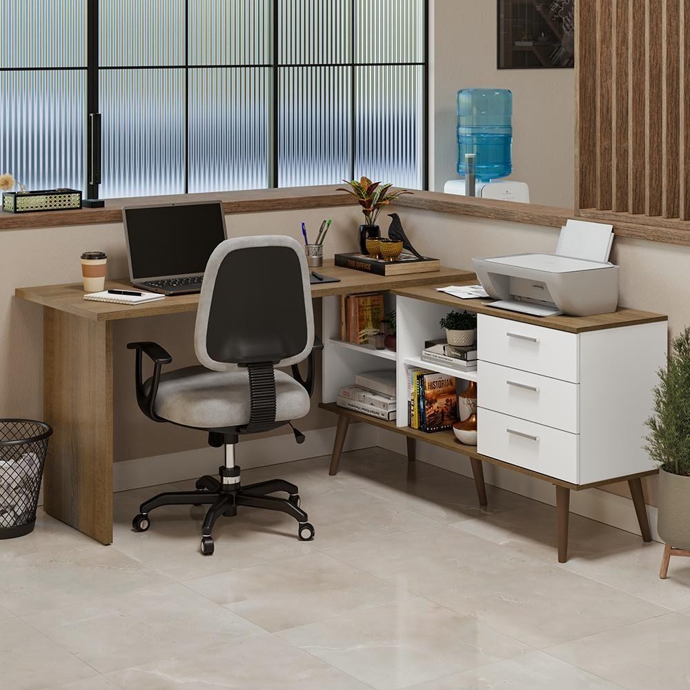 Mesa De Escritório Em L 3 Gavetas Branco/rustic Lisboa Madesa Branco/rustic em Oferta na Shopee