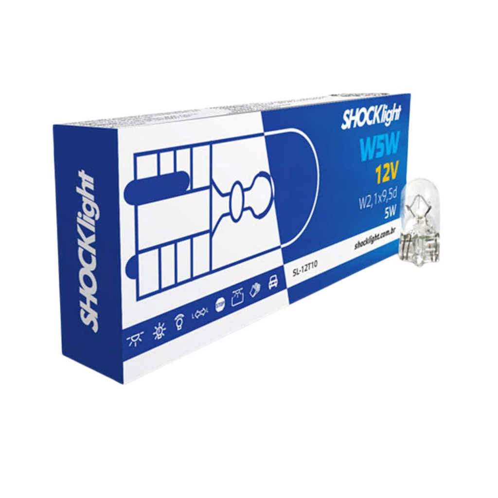 Lâmpada Esmagada Grande T10 12V 5W W2,1 x 9,5D Pingão (Caixa com 10 unidades) Shocklight - SL-12T10 em Oferta na Shopee