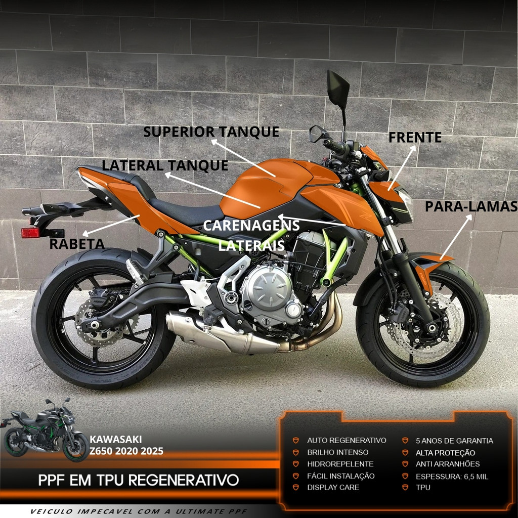 Película PPF Proteção Kit Full Moto Kawasaki Z650 2020 2021 2022 2023 2024 2025 Transparente TPU Anti Risco