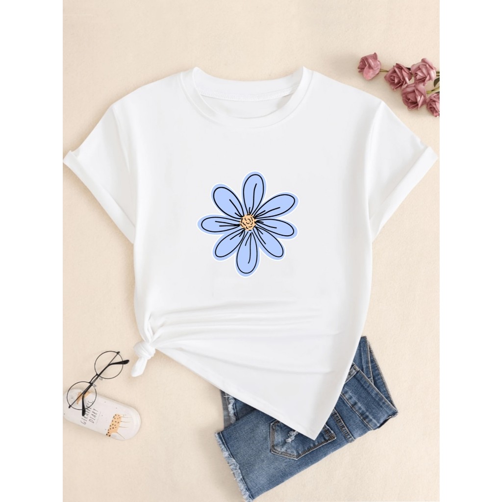 Camisa Camiseta Camiseta Estampa Flor Azul Flower  De Algodão Style Unissex Masculina Feminina Confortável T-shirt Algod