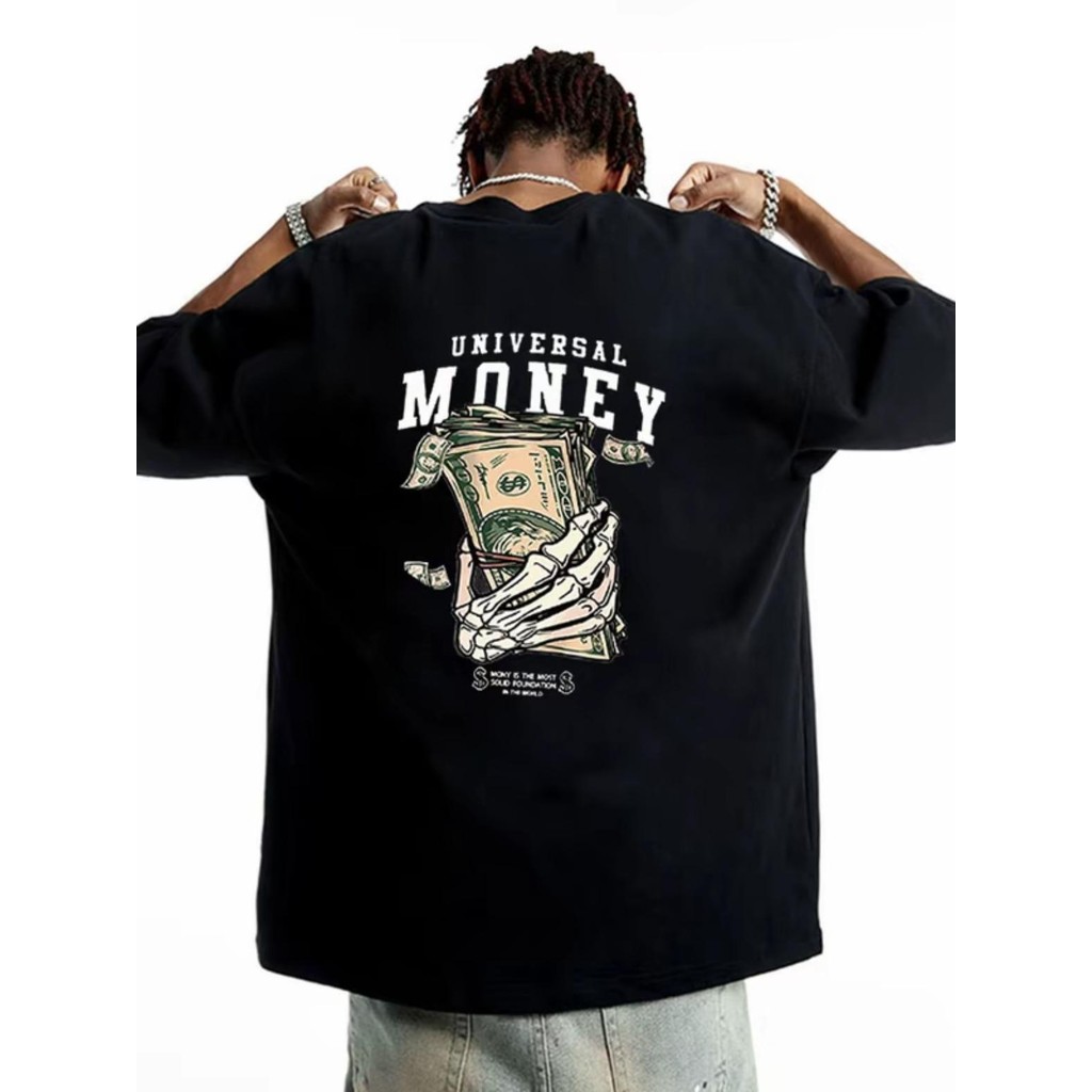 Camiseta Unissex Oversized, Estampa Caveira com Dinheiro “UNIVERSAL MONEY”, Streetwear Novo