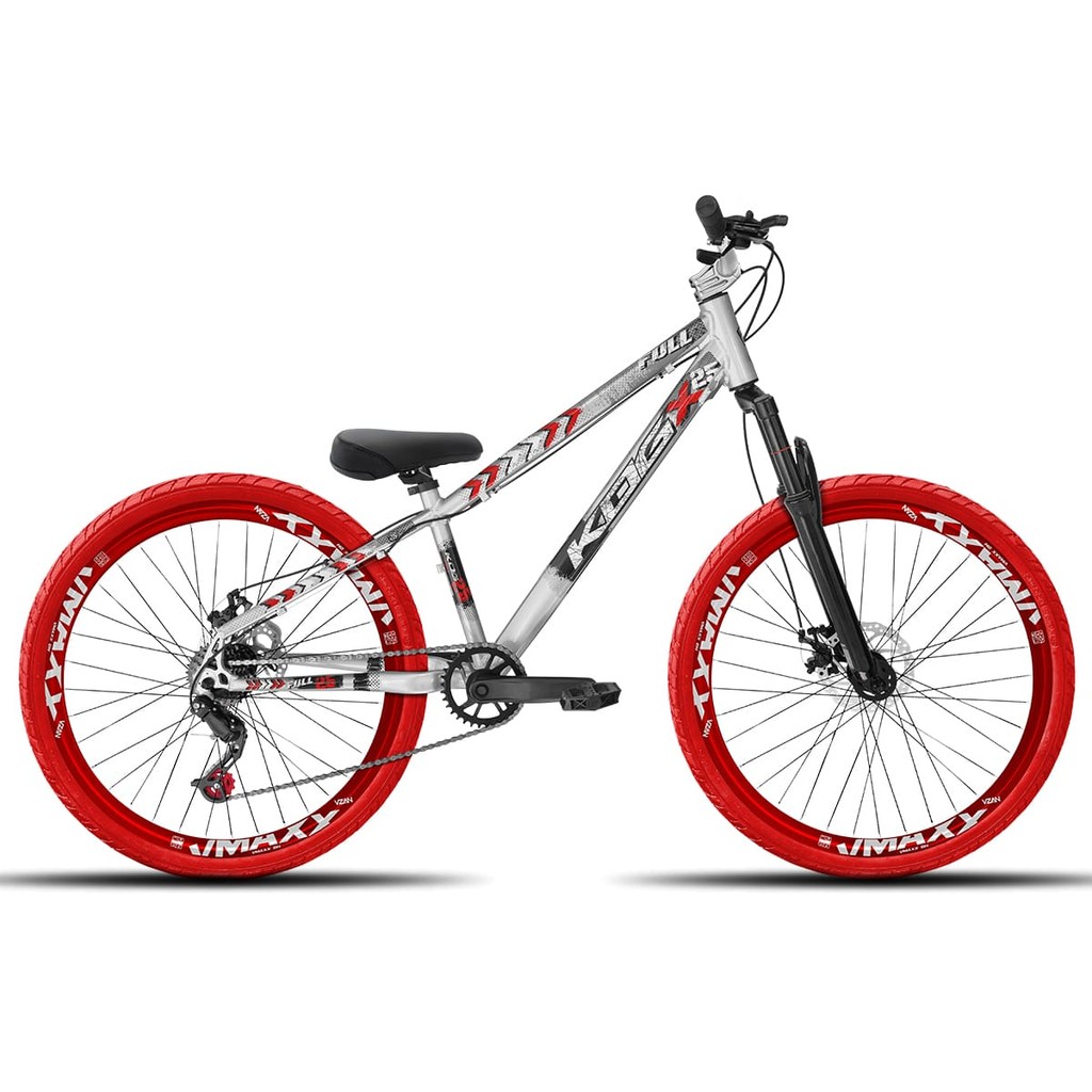 Bicicleta aro 26 KOG Freeride 1x7 Prata com Vermelho Vmaxx Vermelho - Pneus Vermelho - Mesa Curta Prata - Guidão Prata