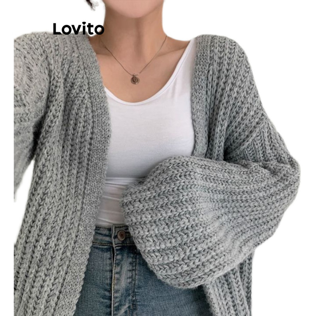 (Trendy) Lovito Casual Cardigã Feminino Liso Básico LNA29158 (Cáqui/Cinza/Off White) - Women Clothes