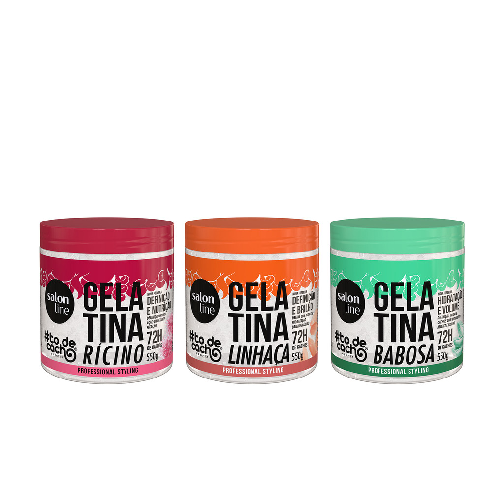 Kit com 3 gelatinas #todecacho Babosa, Linhaça e Óleo de Rícino Salon Line - Beauty