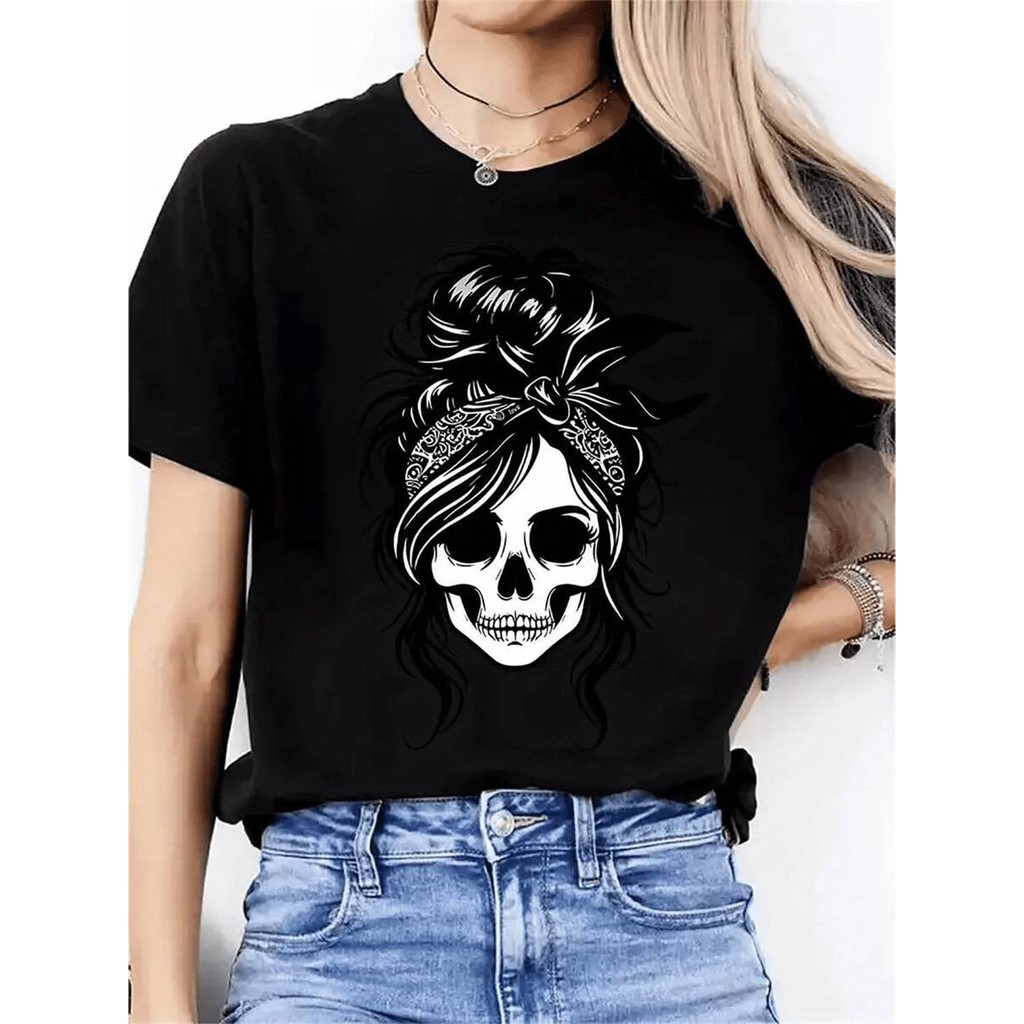 camiseta unissex oversized streetwear estampa esqueleto mulher com turbante gothic algodão em Oferta na Shopee