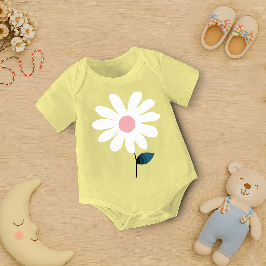 Body Bebê Flor Minimalista | Estampa Margarida Branca com Centro Rosa Margarida Fofa