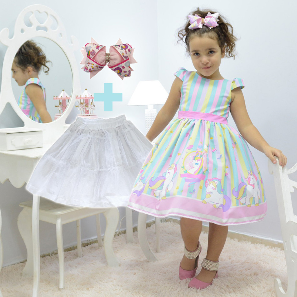 Vestido de Menina Unicórnio + Laço de cabelo + Saia de Armação