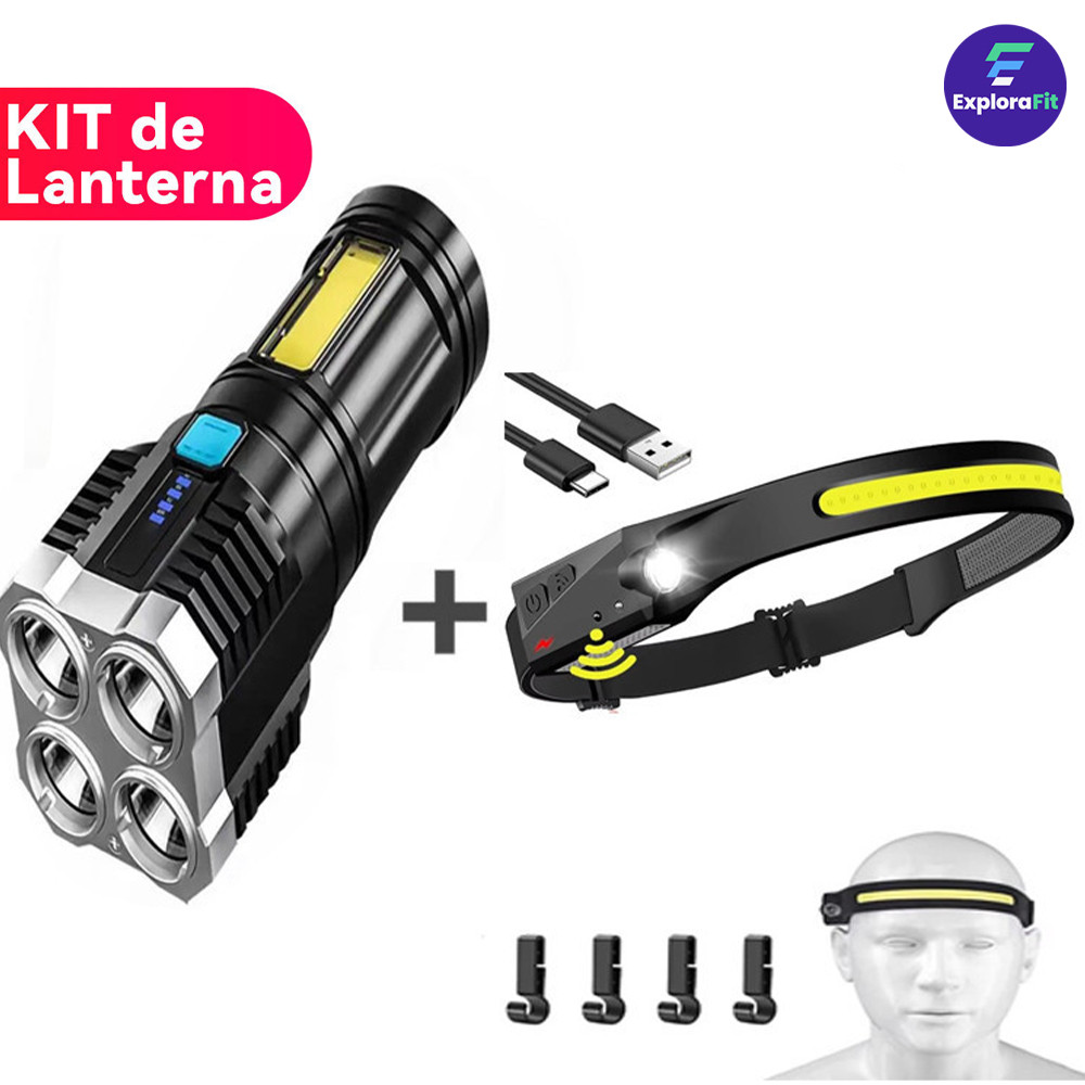 KIT de Lanterna Tatica Recarregavel + Lanterna de Cabeça Led Corpo Motion Camping Torch Light Lamp Com Usb