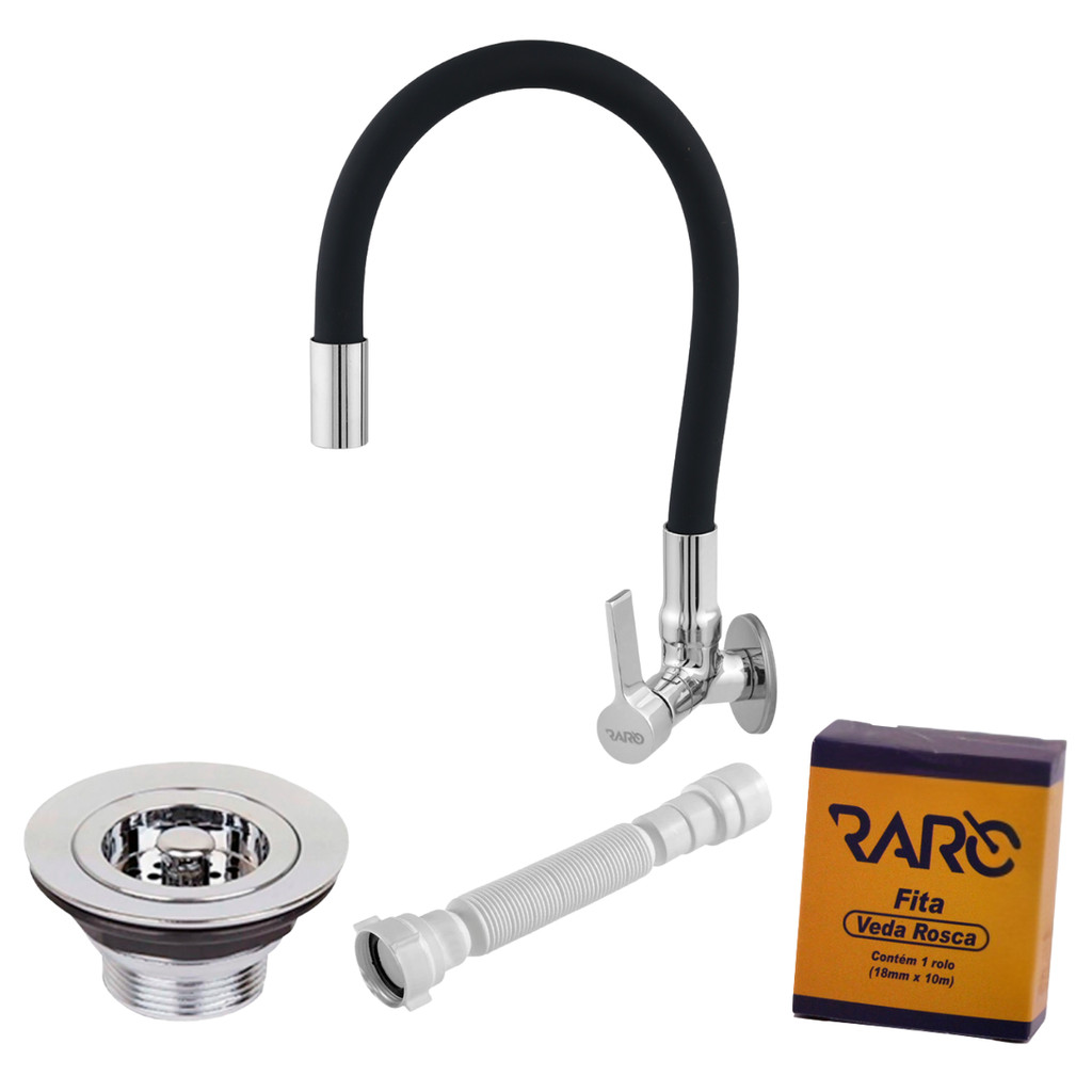 Kit Cozinha Gourmet Torneira Flex Giro 360 De Parede + Valvula Metal + Sifão + Fita Conjunto Premium