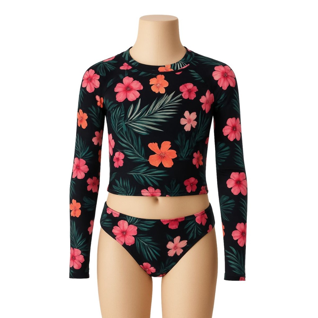 Conjunto Infantil UV Floral com Calcinha Cropped Manga Longa