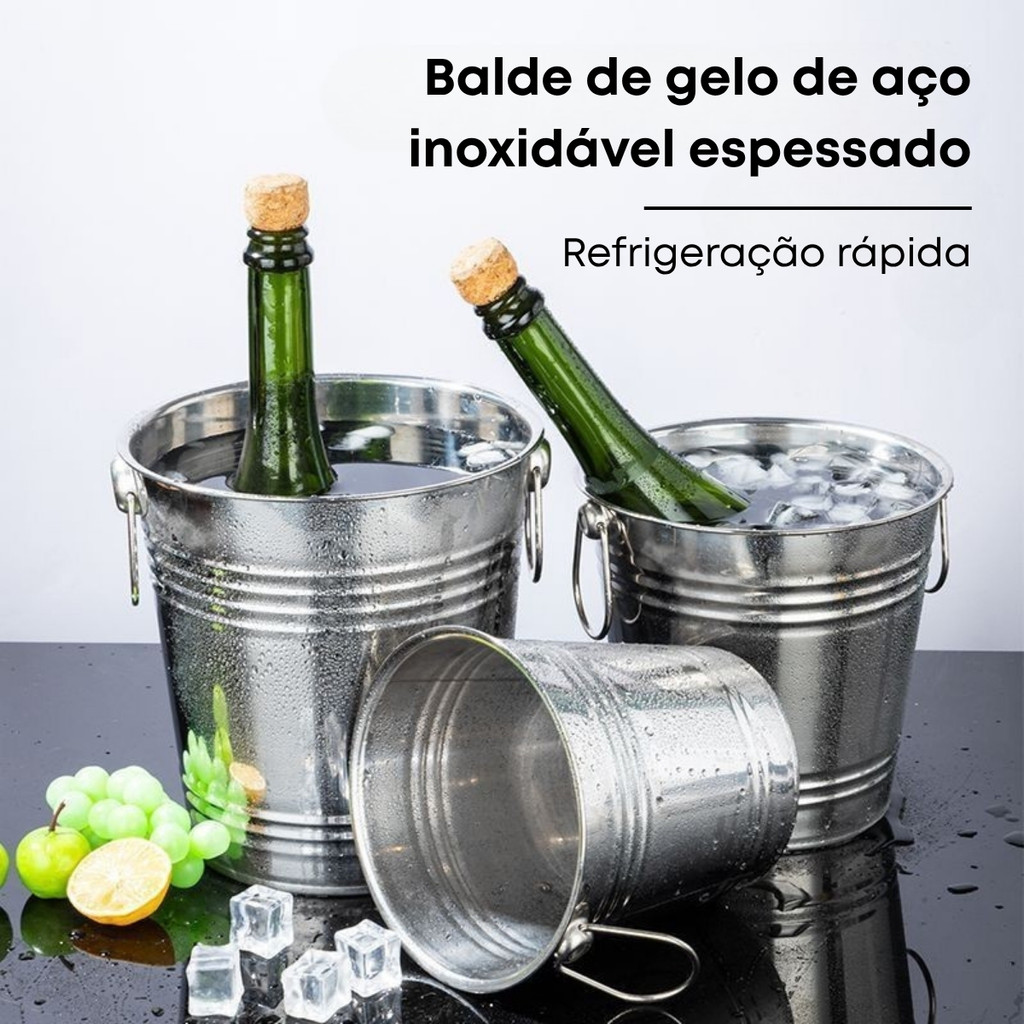 Imagem Kit 5 Baldes de Gelo Aço Inoxidável Refrigeração Rápida Cerveja Champanhe Vinho
