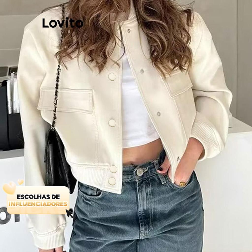 (KOL‘s pick) Lovito Jaqueta feminina casual com botão liso frontal LNL52139 em Oferta na Shopee