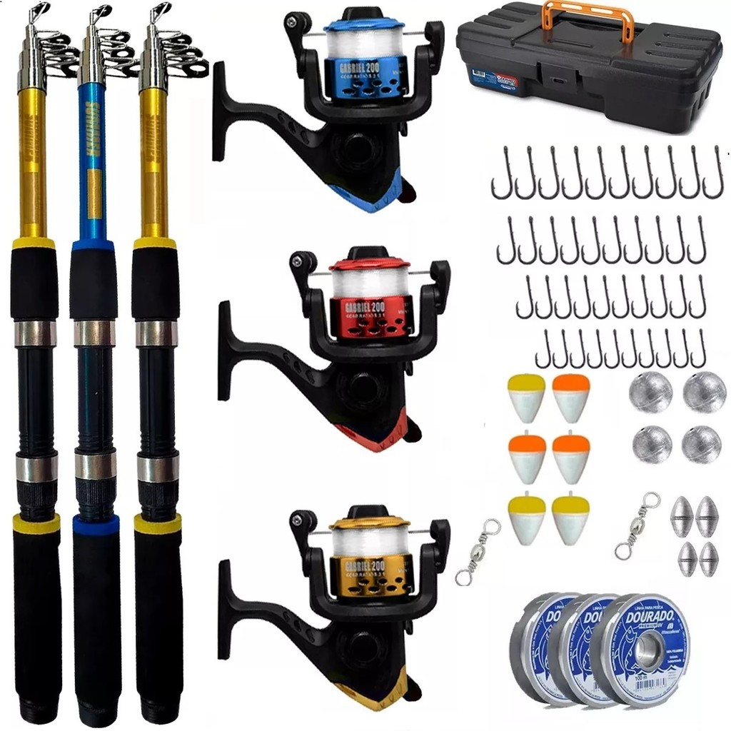 Kit De Pesca Triplo Vara + Molinete E Acessorios Barato em Oferta na Shopee