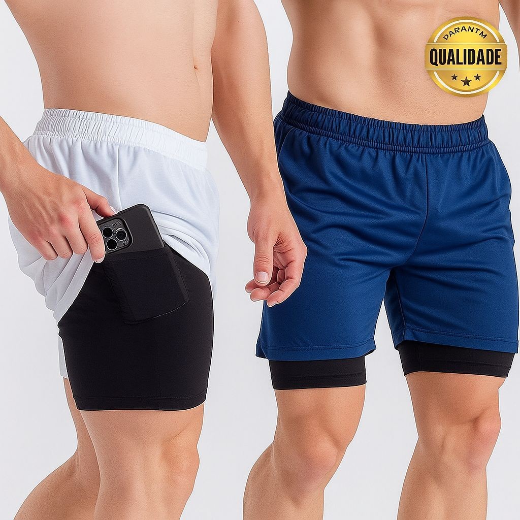 KIT 2 SHORT ACADEMIA 2 EM 1 ESPORTIVO FUTEBOL COM BOLSO COMPREENSÃO INTERNO