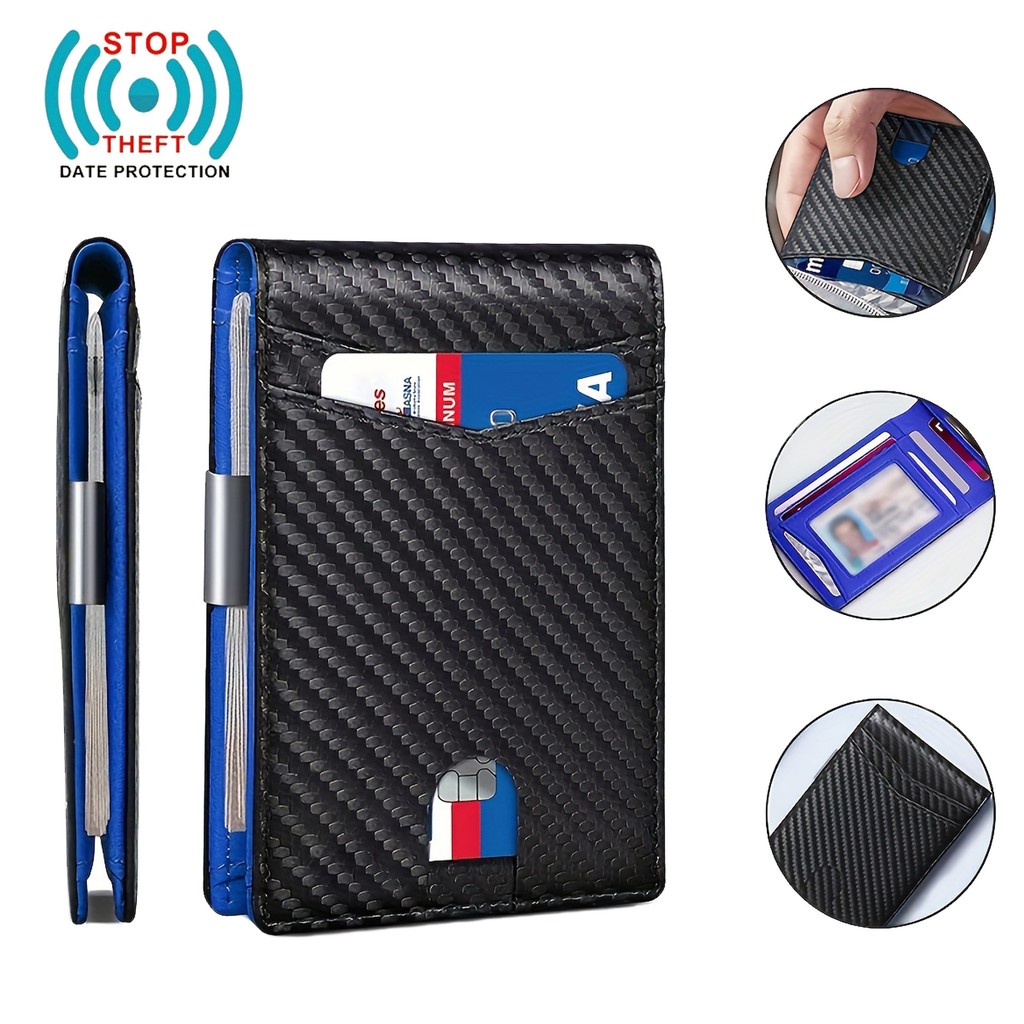 Carteira Fina Com Bloqueio De RFID De Fibra De Carbono BiFold De 1 Unidade Para Homens Clipe De Dinheiro , Couro PU Mult