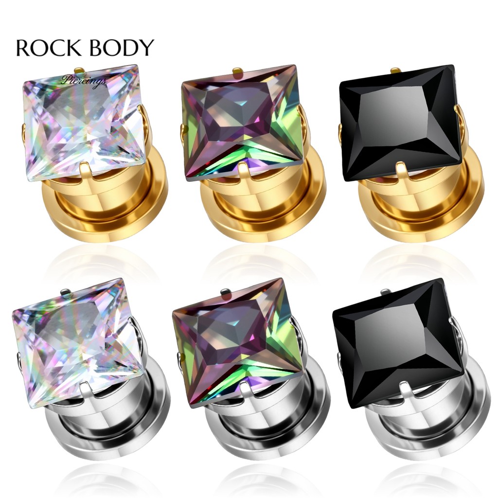 Alargador de Orelha Personalizado Aço Cirúrgico Pedra Quadrada Preto / Branco / Furta-Cor Liso | Lóbulo em Oferta na Shopee