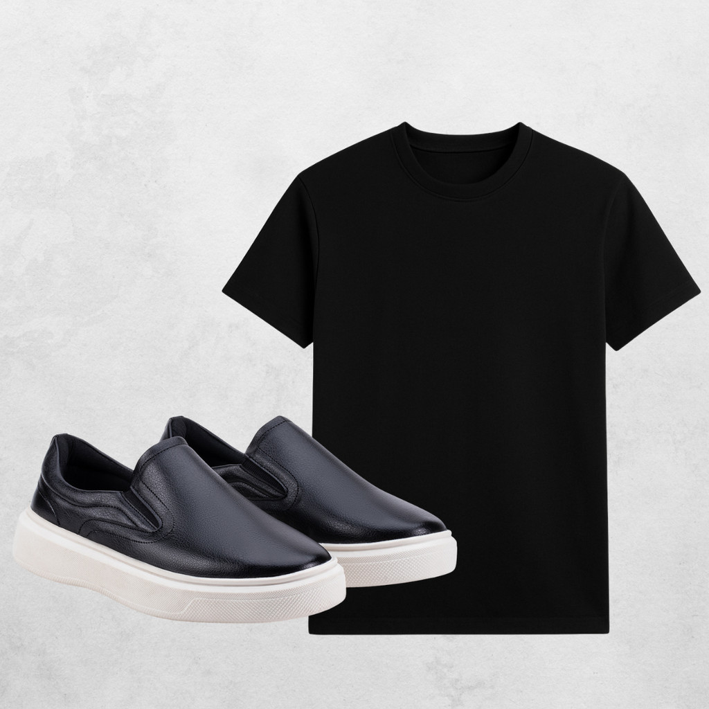 Kit Masculino Iate Slip On Couro + Camiseta Básica Algodão