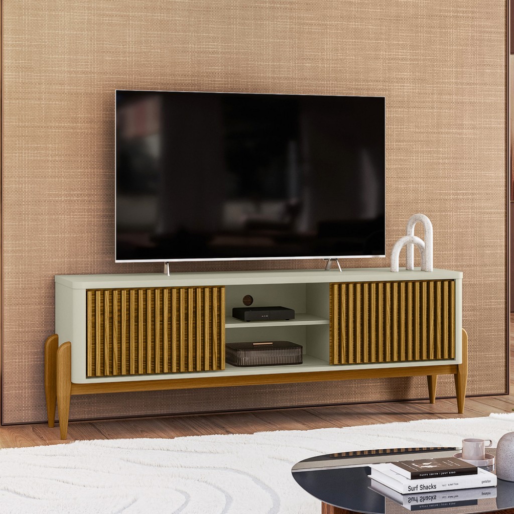 Rack Ripado Sereno p/ TV até 55” 160cm com 2 Portas de Correr e Pés de Madeira Maciça - Olivar