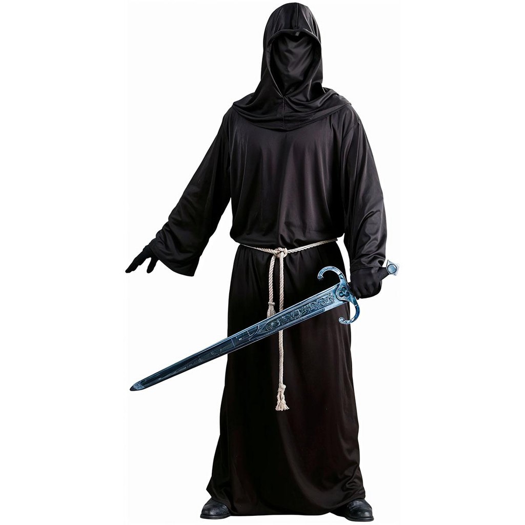 Fantasia Masculina Adulta  Halloween Terror Cavaleiro Medieval da Escuridão sem Face Tunica Preta Morte Ceifador Frade