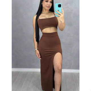 Conjunto Longo Top Alcinha Fina Saia Longa Com Fenda Lateral Elegante Casual Festa Moda Gringa em Oferta na Shopee