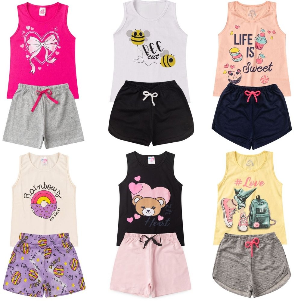 Kit 3 Conjuntos Regatas e Shorts para Meninas Sortido Verão Confortável Blogueirinha