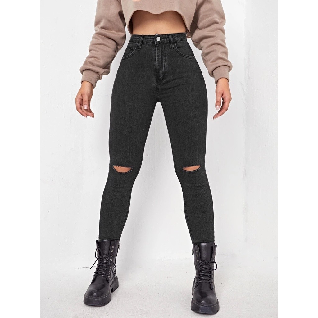 Calça Jeans Skinny Preta Cintura Alta Detalhe Rasgado Joelhos Corte Do Jeans Moderno Moda Feminina.