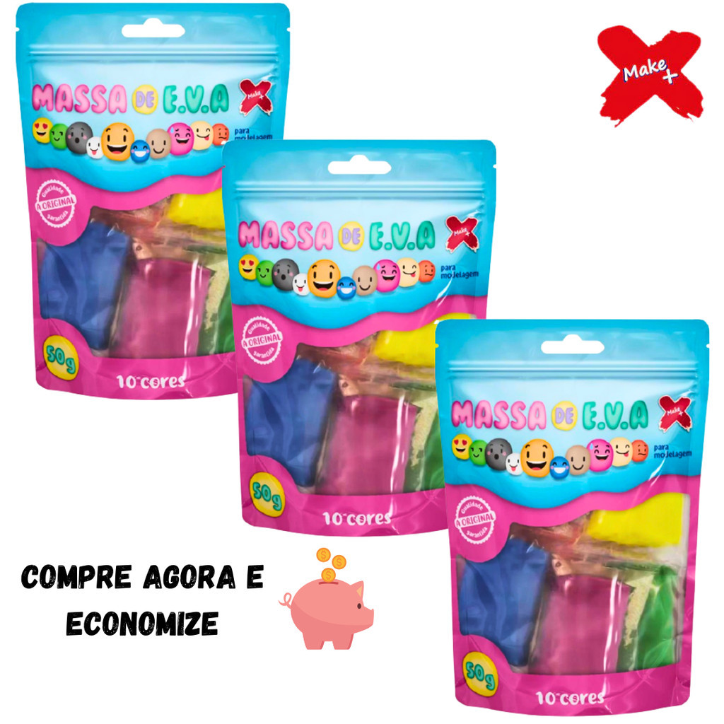 Massa de EVA Make+  3, 5, 7 , 10 ,15 ou 20 pcts de 50gr com 10 cores vibrantes em cada pacote (New) em Oferta na Shopee