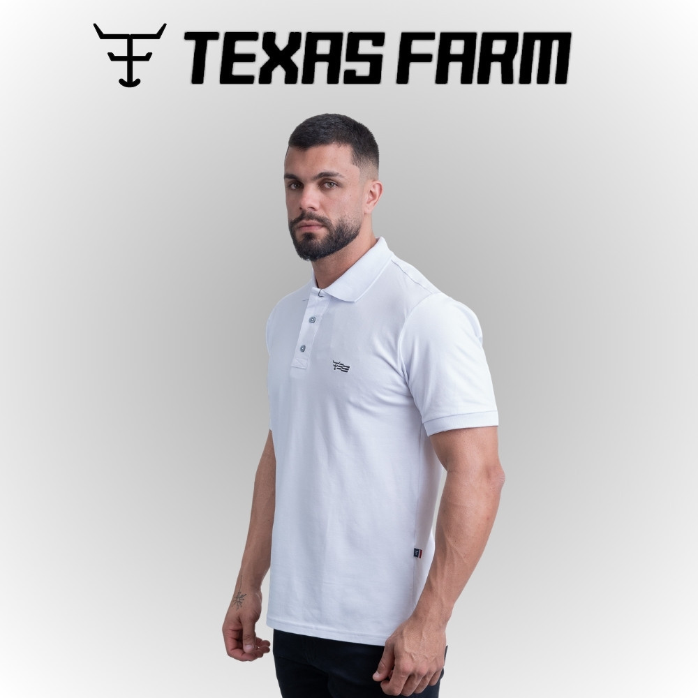 Camisa Polo Masculina Texas Farm Branca Básica Logo Preta Tecido Leve Para Usar Com Jeans No Dia A Dia