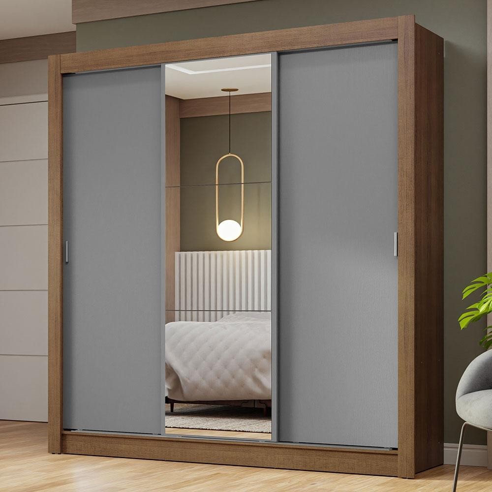 Guarda-Roupa Casal 3 Portas de Correr com Espelho Rustic/Cinza Nobre Madesa em Oferta na Shopee