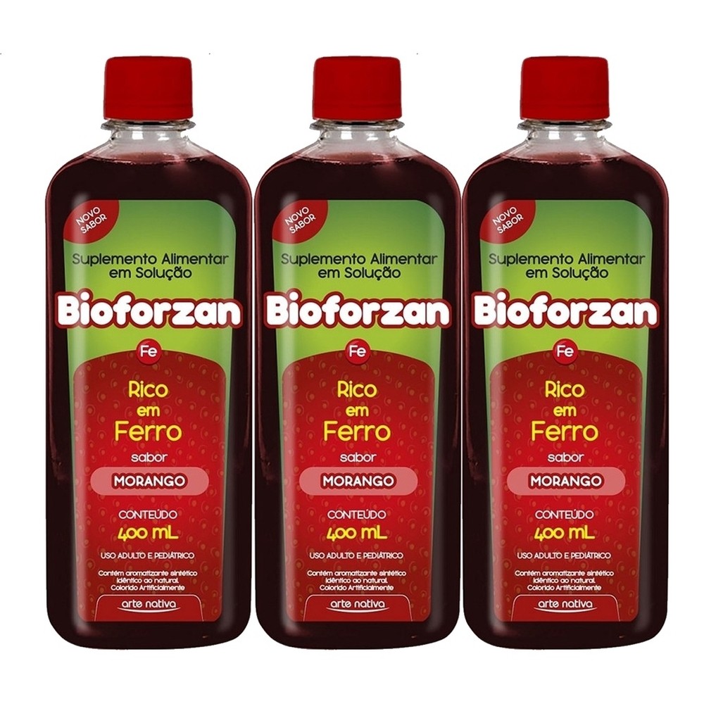 Kit 3 Bioforzan Morango Rico Em Ferro Energia Apetite e Disposição 400ml Arte Nativa