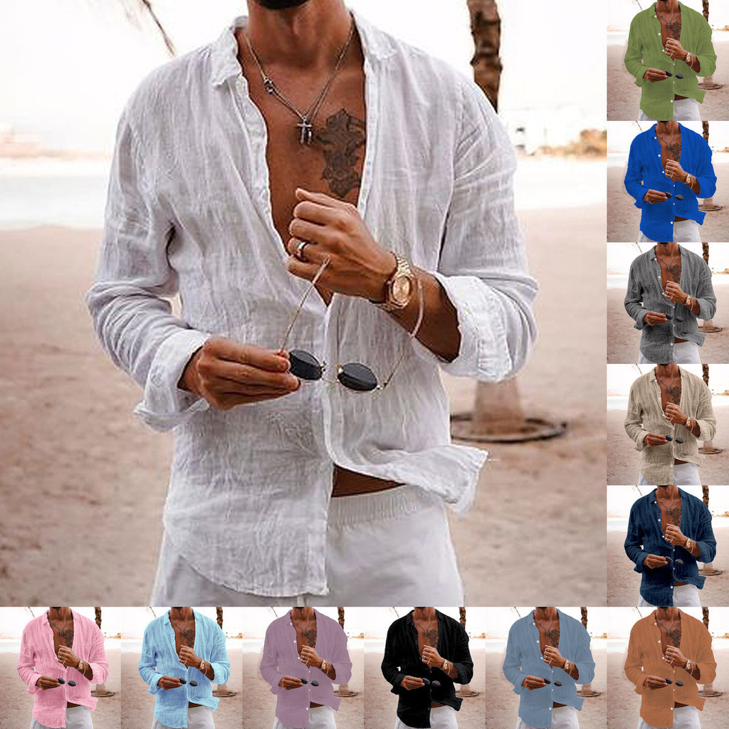 Camisa de manga longa de cor pura masculina Camisa de algodão casual