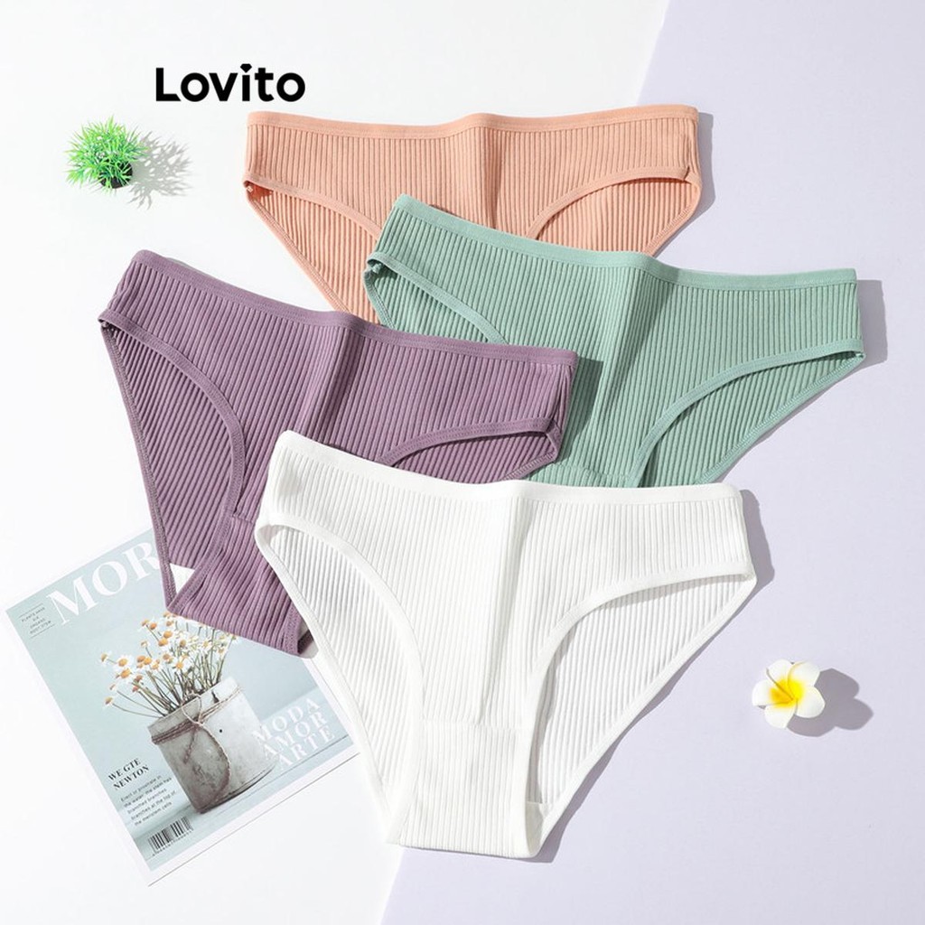 Lovito Calcinha Casual De Malha Canelada Lisa Para Mulheres LNL45169 em Oferta na Shopee