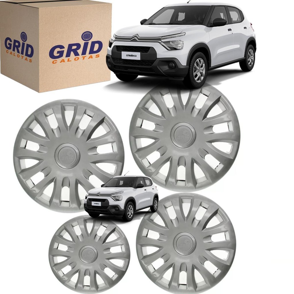 Jogo 4 Calota C3 2007 ate 2013 Aro 14 Polegadas Encaixe Pressão Grid