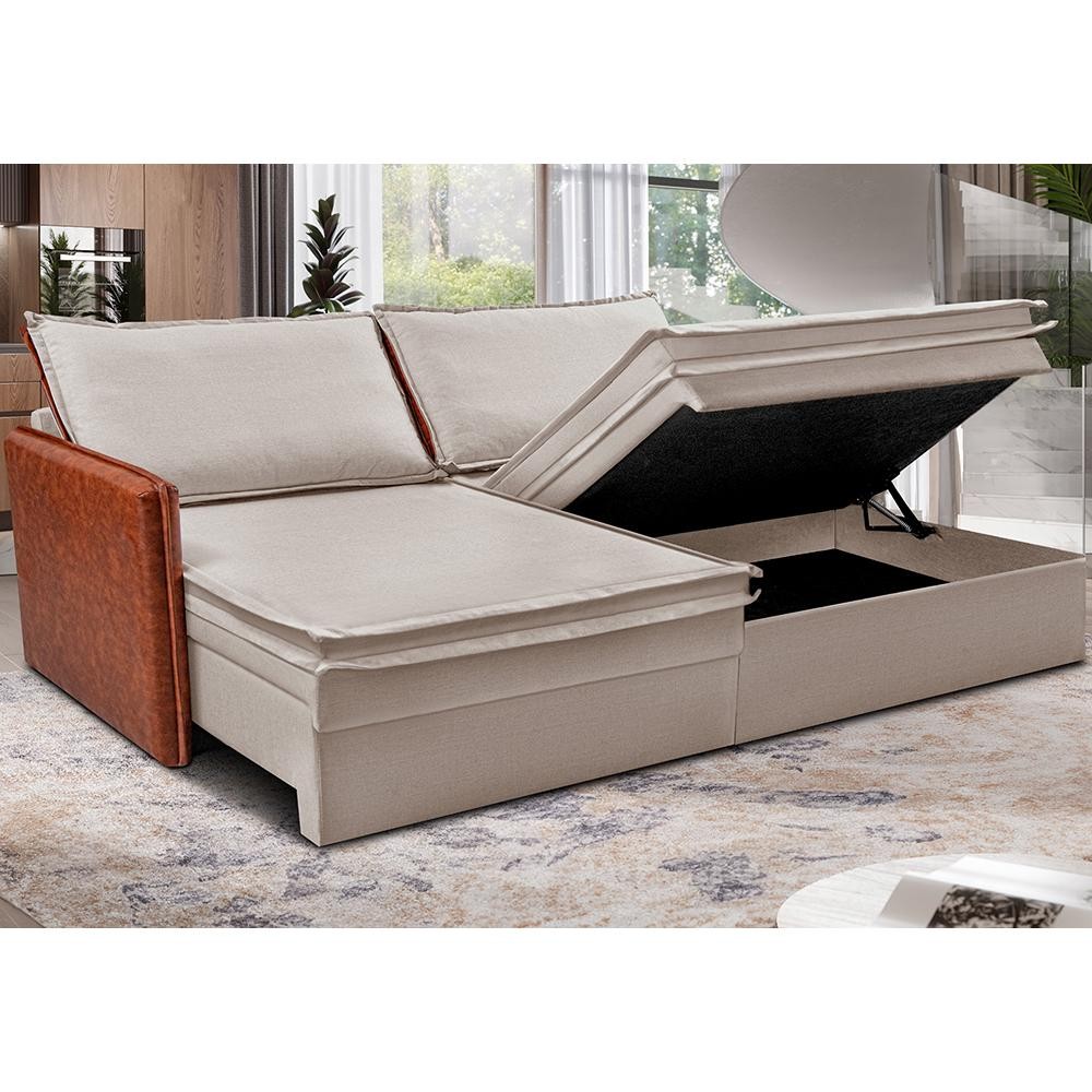 Sofá Sem Caixa Retrátil Baú 1,95m Cama inBox Grace Tecido Linho e Courino Bege Claro em Oferta na Shopee