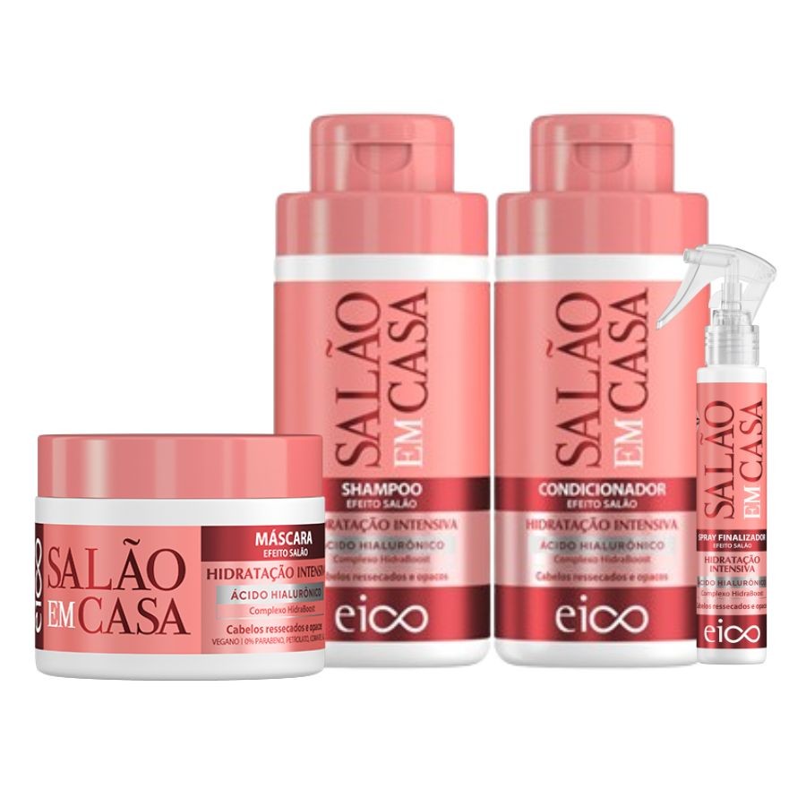 Eico Salão Em Casa Hidratação Intensiva Shampoo Condicionador 450ml Máscara Tratamento 270g + Spray