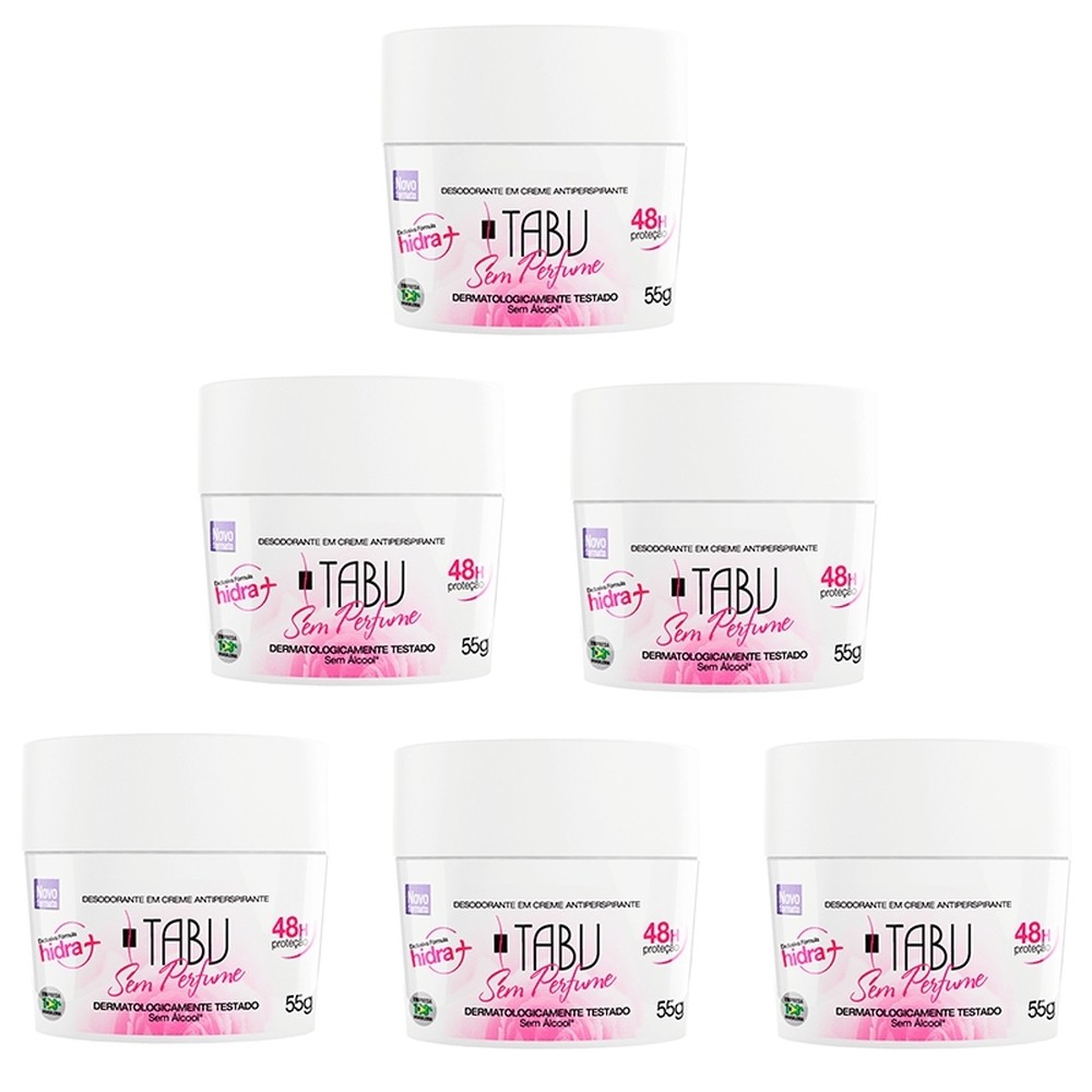 Kit 6 unid - Desodorante Creme Antitranspirante Tabu Sem Perfume 55G