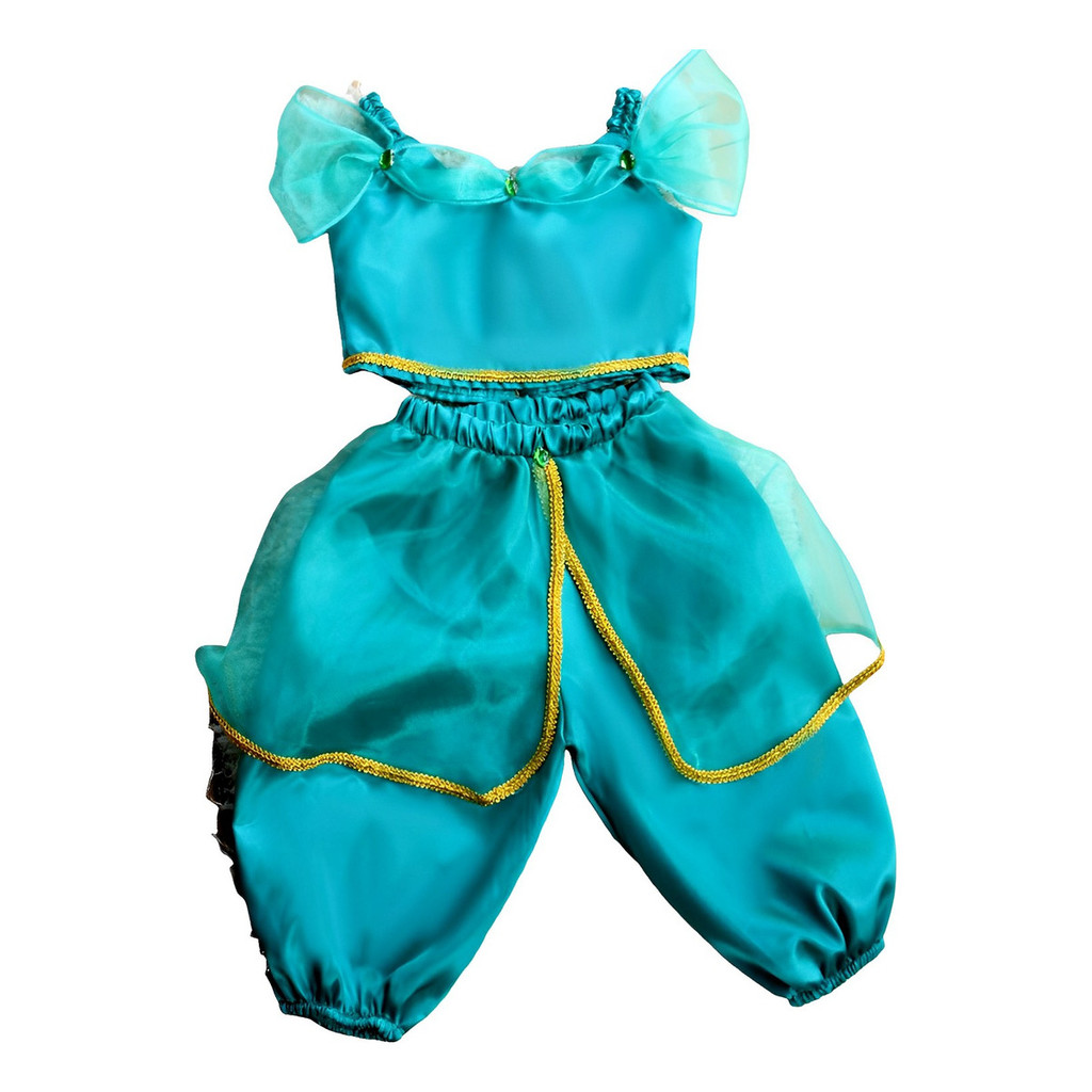 Conjunto Infantil Jasmine Verde Cosplay Fantasia Festa Temática Aniversario com Tiara.