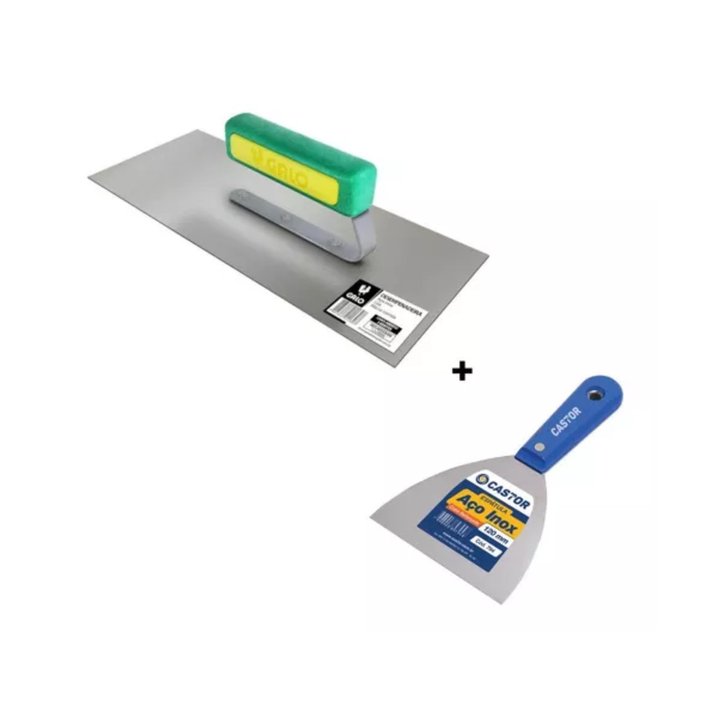 Kit Desempenadeira Inox 113/00 12x29 Galo + Espátula Inox 12cm Castor para alvenaria e pintura