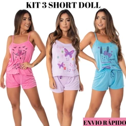 Kit 3 short dool pijama BABY DOLL MALHA promoção