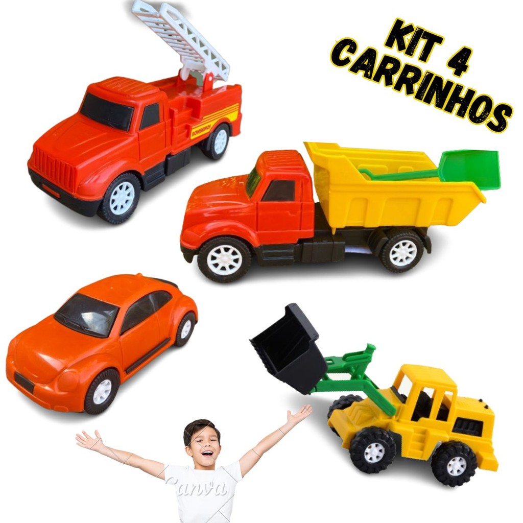 Carro bombeiro brinquedo menino kit economico colorido trator caminhão basculante mini fusca 4pçs