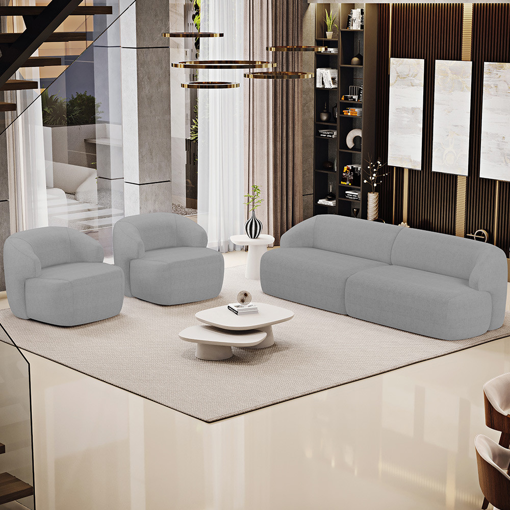 Sofá 3 Lugares Curvo Orgânico com 02 Poltronas Para Sala Living 220cm Barolo L06 Linho Cinza Escuro - Lyam Decor
