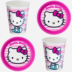 Kit Festa HELLO KITTY ROSA 8 Pratos + 8 Copos Descartável 200 Ml Papel - FESTCOLOR (CHOCO)