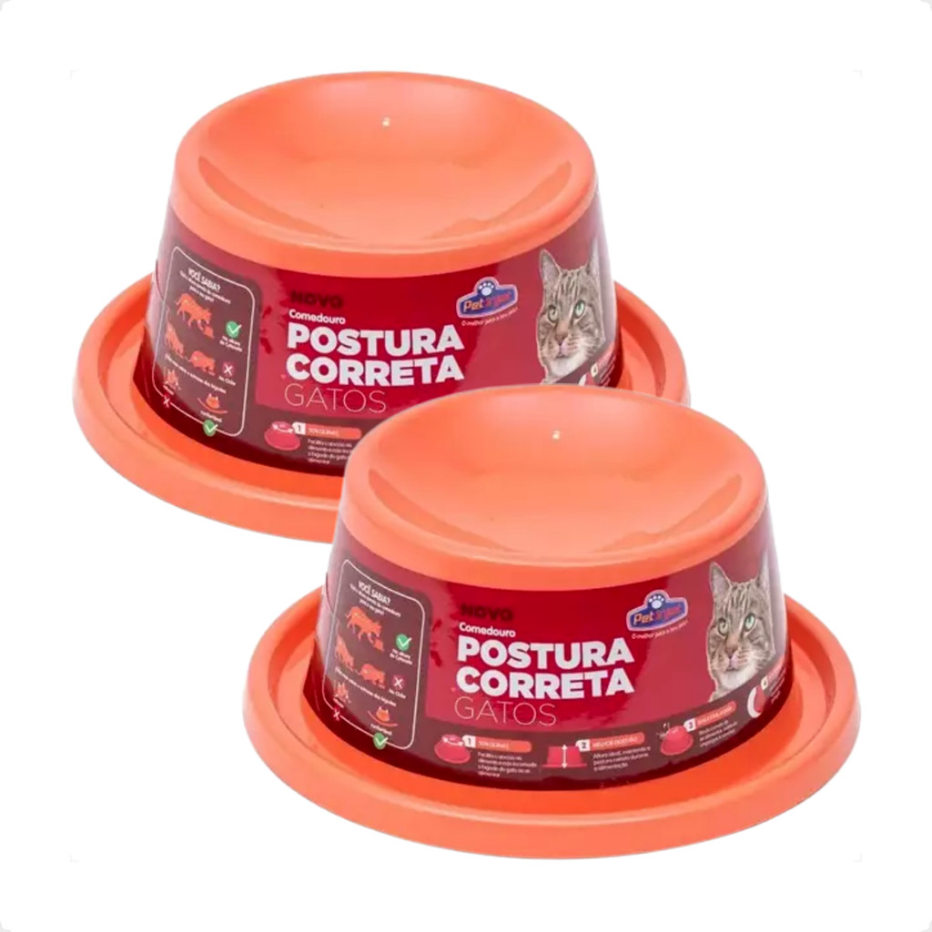 Kit 2 Comedouro Pet Injet Postura Correta Design para Gatos - Coral - Pets