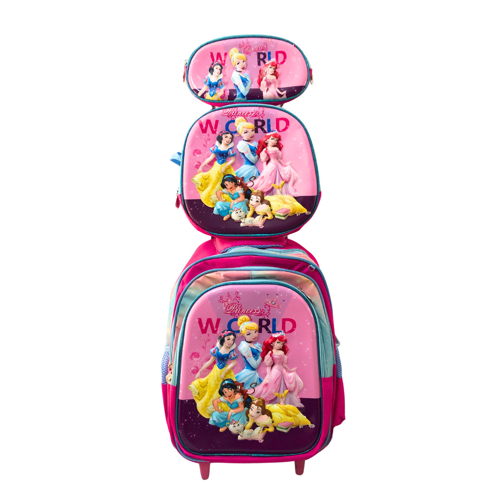 Kit Mochila De Rodinhas Princesas Lancheira e Estojo Escolar Infantil Cinderela Branca de Neve Ariel