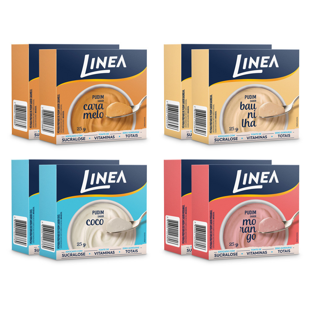 Kit 8 Pudins Linea Sabores Baunilha, Coco, Caramelo e Morango 25g