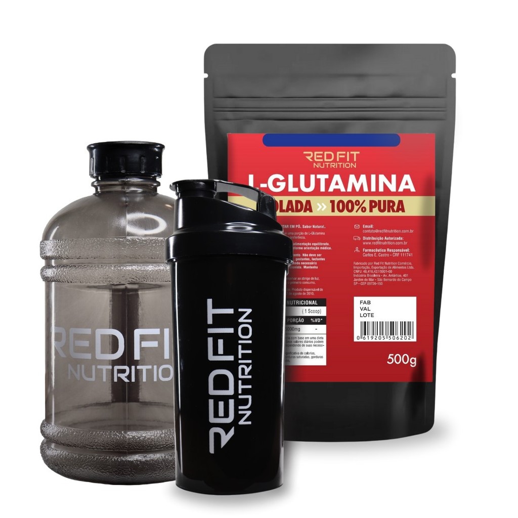 L-Glutamina 500g Shaker Black 600ml Gallon Black 1,8L - 100% Pura Matéria-Prima Importada - Red Fit Nutrition