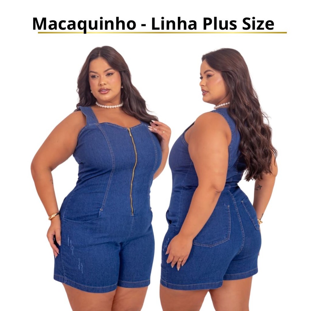 Macaquinho Jeans Plus Size Feminino com Lycra Alça Larga e Bolsos em Oferta na Shopee