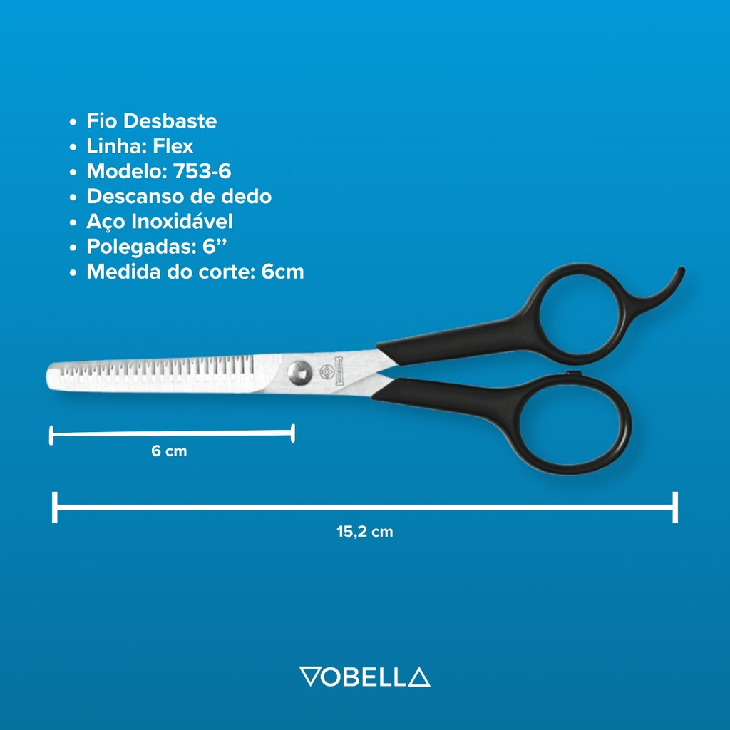 Detalhes do Tesoura Para Cabelo Fio Desbaste 753-6 Flex Aço Inox Mundial