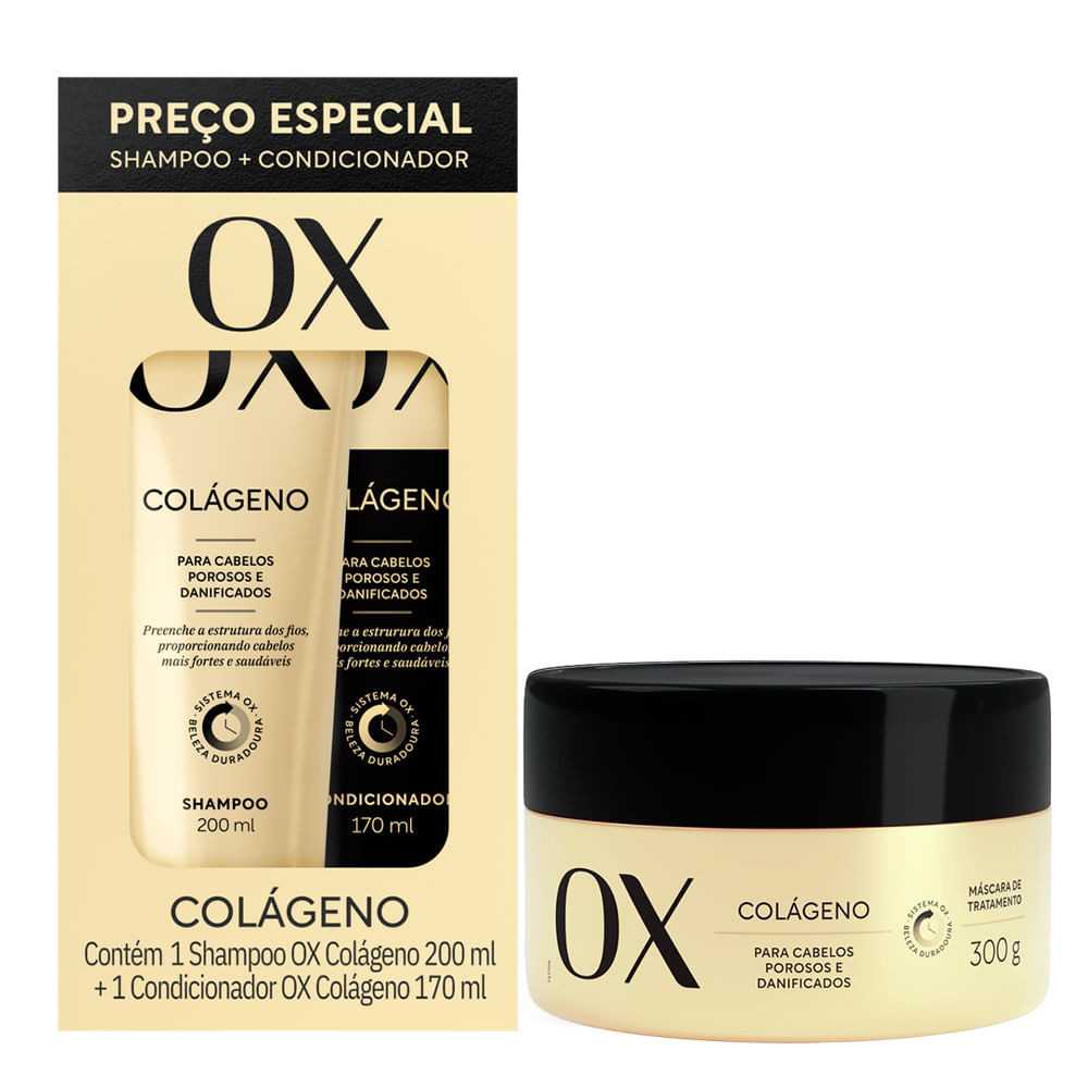 Kit Ox Shampoo 200ml e Condicionador Colágeno 170ml Mais Máscara Ox Colágeno 300g - Beauty